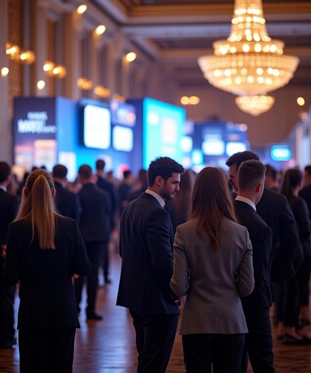Guests mingling at a professionally organized corporate event in a grand hall.
