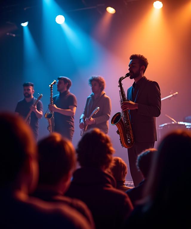A jazz quartet performing on a warmly lit stage, with a focus on the saxophone player.