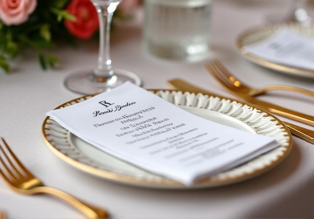 A close-up of a meticulously set dinner table with glistening gold cutlery, bespoke custom name cards, and delicate floral accents, ready for an exclusive dinner.
