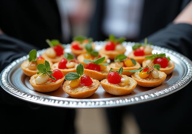 A silver tray filled with artistically presented gourmet canapés being offered by a professionally gloved waiter to event guests.