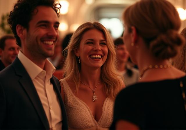 A candid shot of guests laughing heartily and enjoying themselves together during a sophisticated evening event.