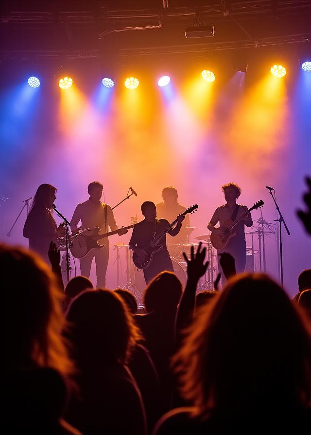 A full view of the Mayfair Melodeum jazz band entertaining a lively crowd, with dancers in the foreground and warm stage lighting.