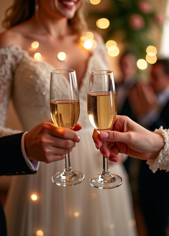 A bride and groom toasting with champagne under elegant floral arrangements.