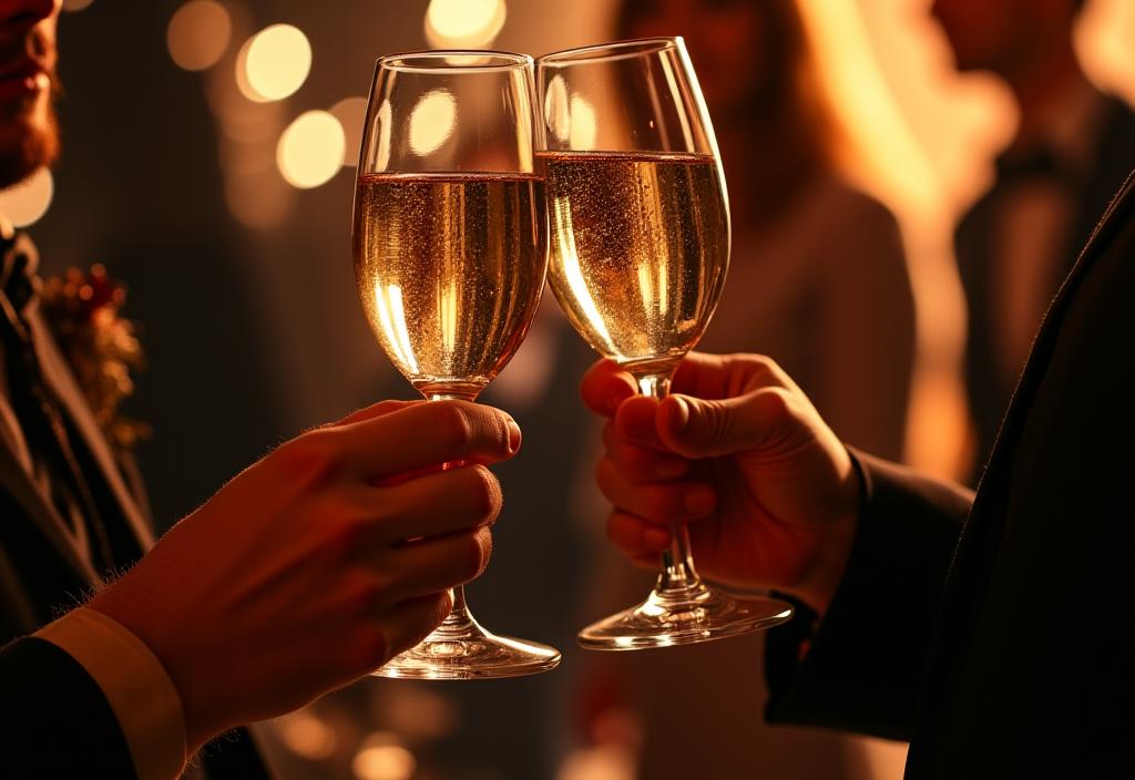 A montage of elegant event scenes: clinking champagne glasses, a jazz musician playing a saxophone, and ambient lighting at a sophisticated gathering.