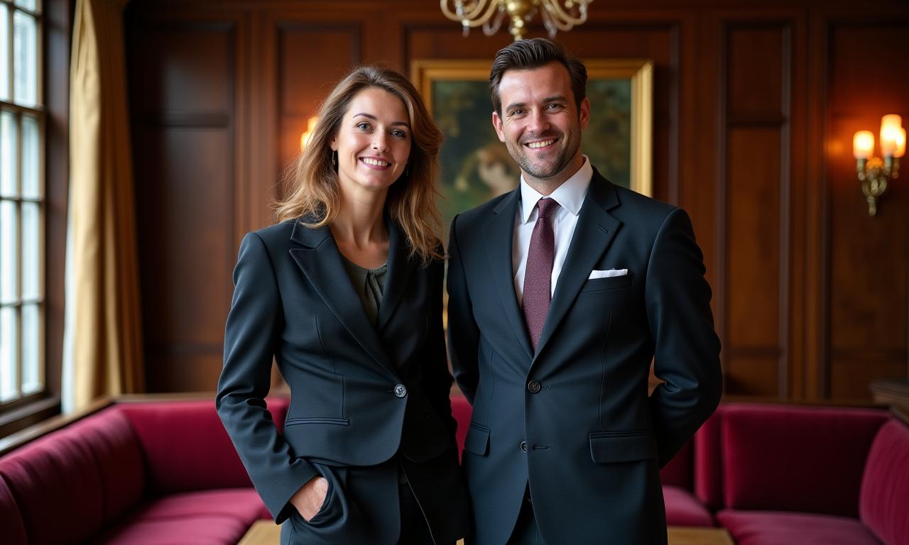 The two founders of The Mayfair Melodeum, Eleanor Vance and Julian Croft, dressed in smart attire, standing elegantly in a classic London establishment, perhaps a historic club or hotel lobby.